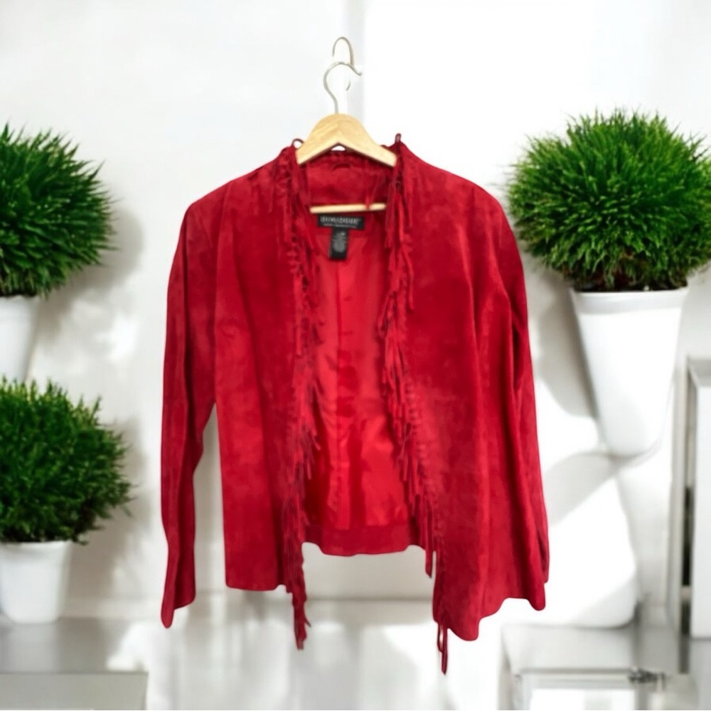 Dialogue Red Leather Suede Fringe Jacket Woman’s Size M